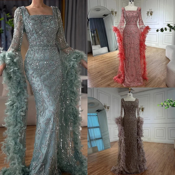 Luxury Turquoise Beaded Mermaid Evening Dress with Flared Sleeves and Feathers LA72767 - SERENE HILL