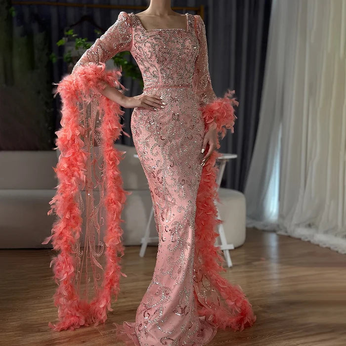 Luxury Turquoise Beaded Mermaid Evening Dress with Flared Sleeves and Feathers LA72767 - SERENE HILL