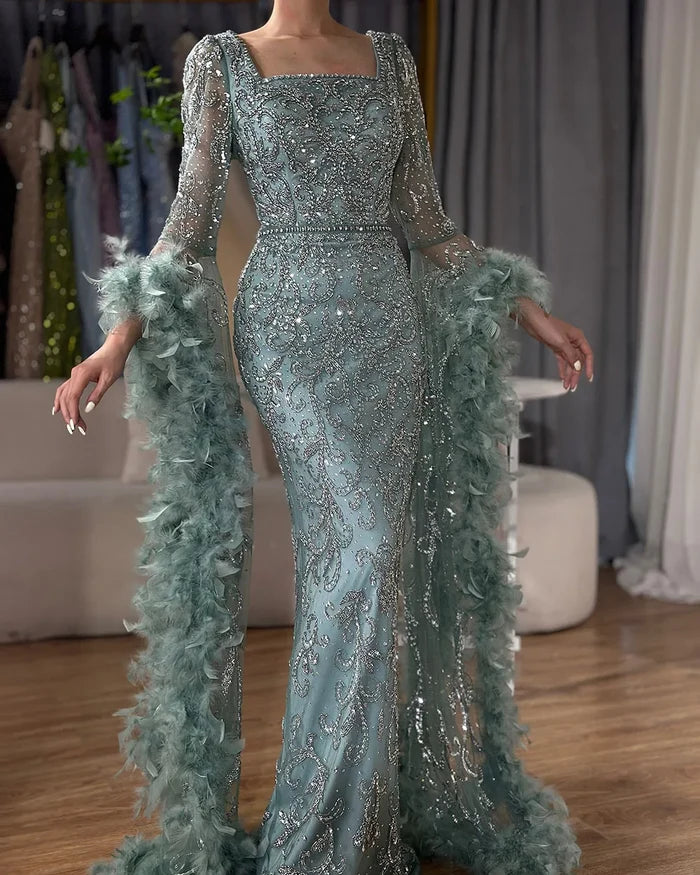Luxury Turquoise Beaded Mermaid Evening Dress with Flared Sleeves and Feathers LA72767 - SERENE HILL