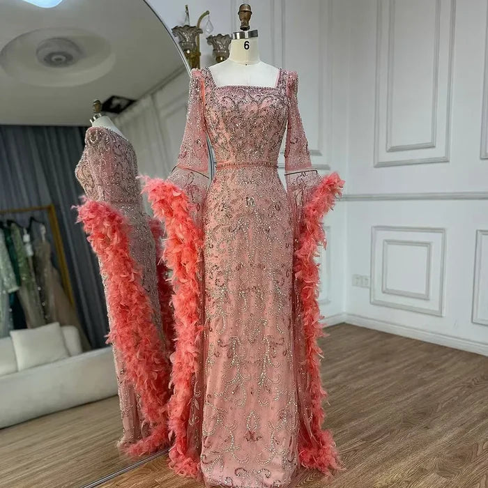 Luxury Turquoise Beaded Mermaid Evening Dress with Flared Sleeves and Feathers LA72767 - SERENE HILL