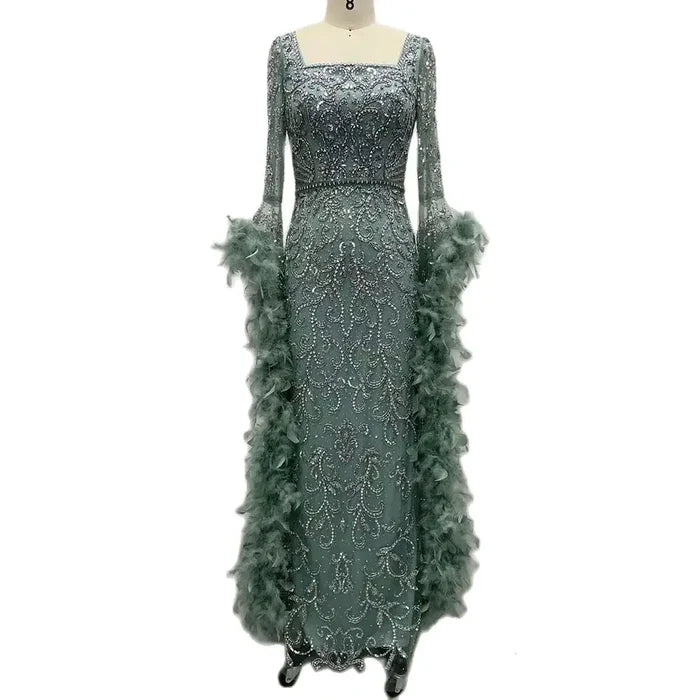 Luxury Turquoise Beaded Mermaid Evening Dress with Flared Sleeves and Feathers LA72767 - SERENE HILL