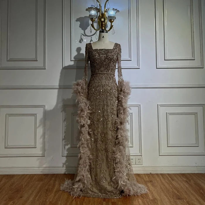 Luxury Turquoise Beaded Mermaid Evening Dress with Flared Sleeves and Feathers LA72767 - SERENE HILL