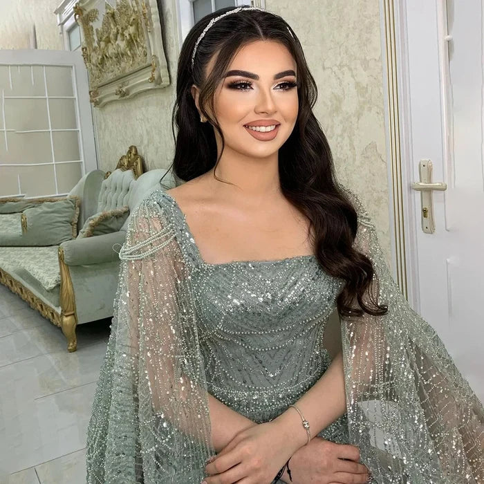 Luxury Turquoise Beaded Pearl Arabic Evening Dress with Cape Sleeves LA72590 - SERENE HILL