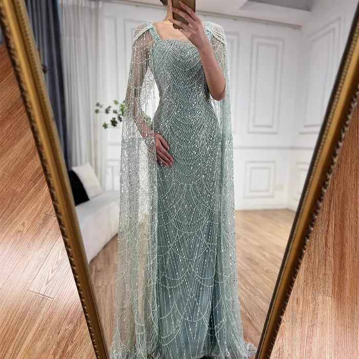 Luxury Turquoise Beaded Pearl Arabic Evening Dress with Cape Sleeves LA72590 - SERENE HILL