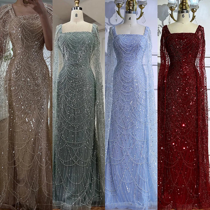 Luxury Turquoise Beaded Pearl Arabic Evening Dress with Cape Sleeves LA72590 - SERENE HILL