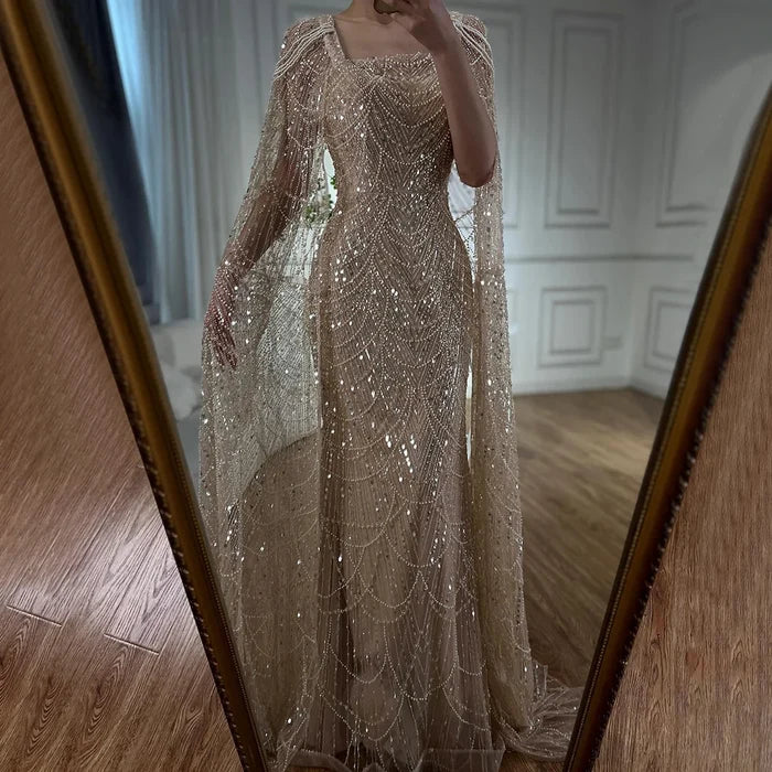 Luxury Turquoise Beaded Pearl Arabic Evening Dress with Cape Sleeves LA72590 - SERENE HILL