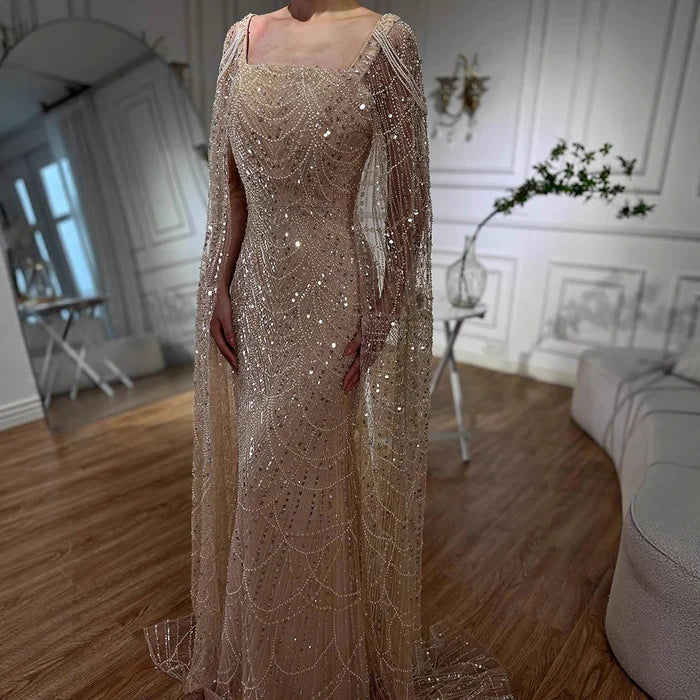 Luxury Turquoise Beaded Pearl Arabic Evening Dress with Cape Sleeves LA72590 - SERENE HILL