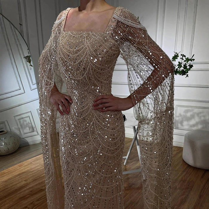 Luxury Turquoise Beaded Pearl Arabic Evening Dress with Cape Sleeves LA72590 - SERENE HILL