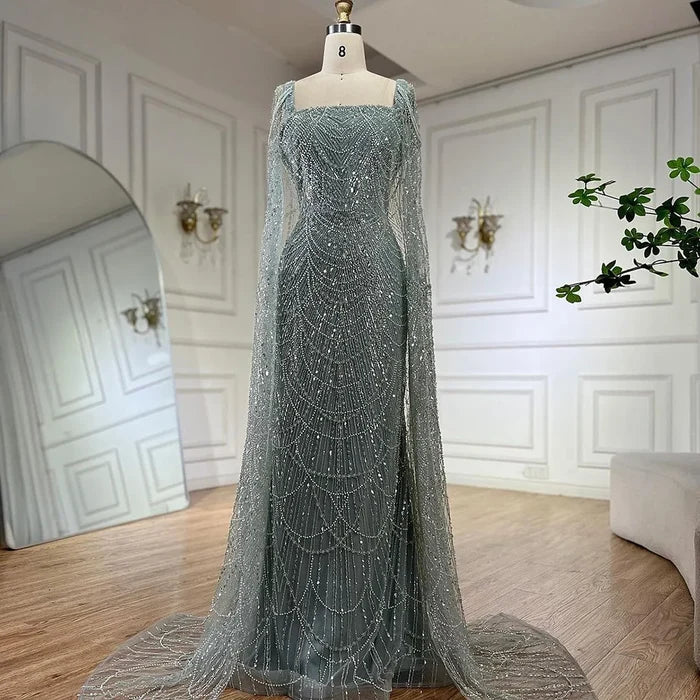 Luxury Turquoise Beaded Pearl Arabic Evening Dress with Cape Sleeves LA72590 - SERENE HILL