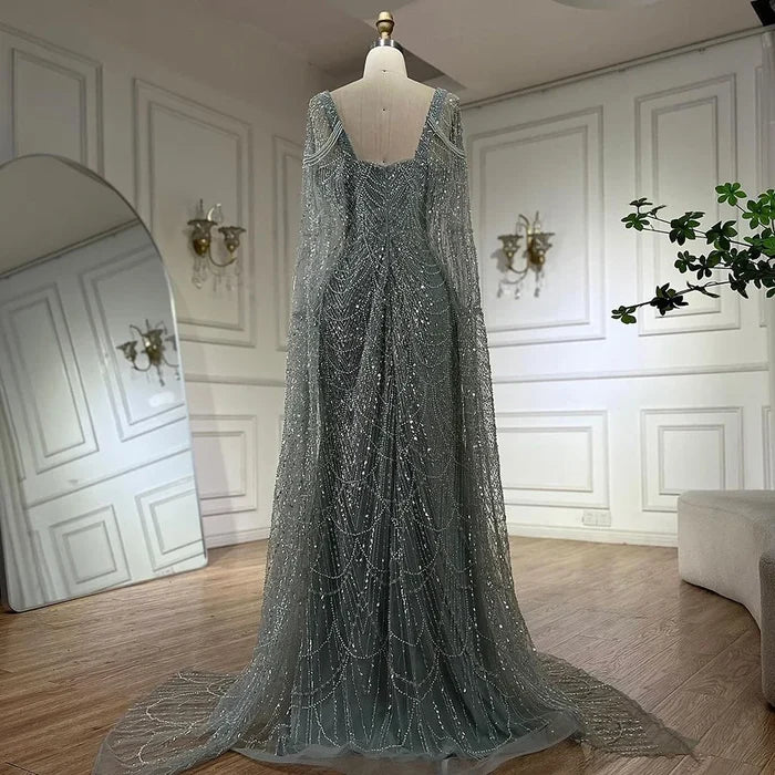 Luxury Turquoise Beaded Pearl Arabic Evening Dress with Cape Sleeves LA72590 - SERENE HILL