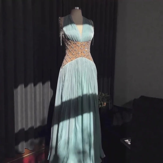 Luxury Turquoise Crystal Beaded A-Line Evening Dress LA73421 - SERENE HILL