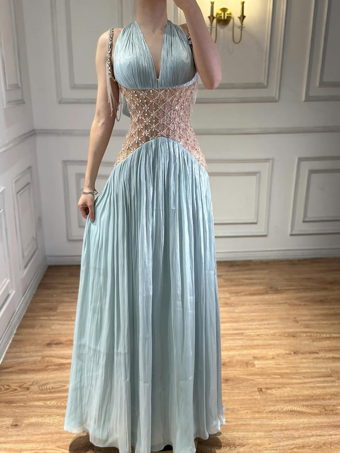 Luxury Turquoise Crystal Beaded A-Line Evening Dress LA73421 - SERENE  HILL