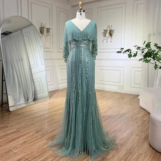 Luxury Turquoise Mermaid Evening Dress with Long Cape LA72258 - SERENE HILL