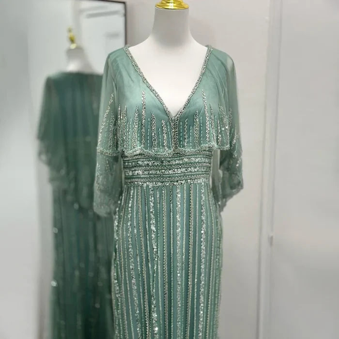 Luxury Turquoise Mermaid Evening Dress with Long Cape LA72258 - SERENE HILL