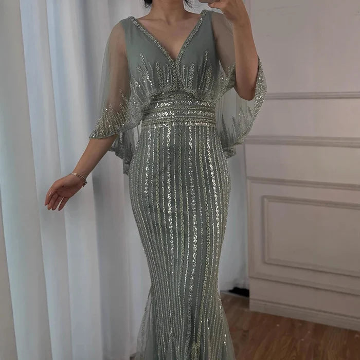 Luxury Turquoise Mermaid Evening Dress with Long Cape LA72258 - SERENE HILL
