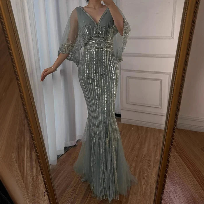 Luxury Turquoise Mermaid Evening Dress with Long Cape LA72258 - SERENE HILL