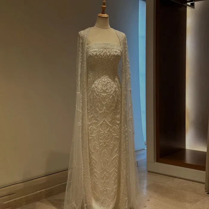 Luxury White Dubai Arabia Beading Evening Dress With Cape LA72870 - SERENE HILL