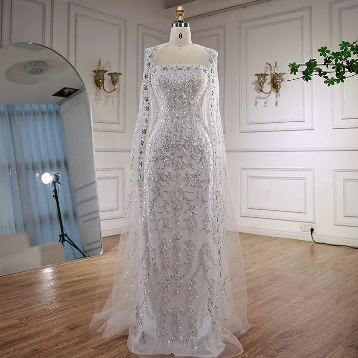 Luxury White Dubai Arabia Beading Evening Dress With Cape LA72870 - SERENE HILL