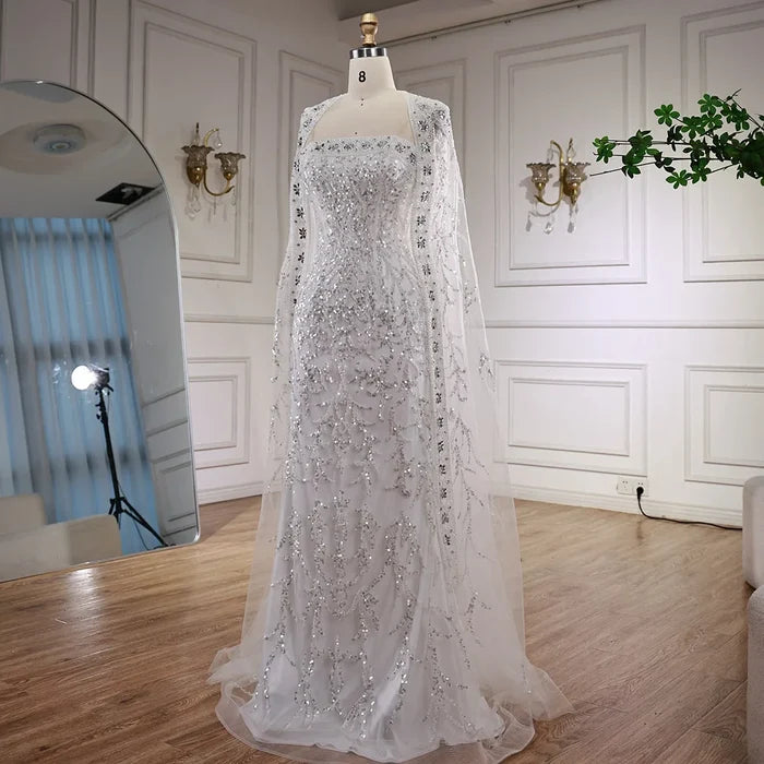 Luxury White Dubai Arabia Beading Evening Dress With Cape LA72870 - SERENE HILL
