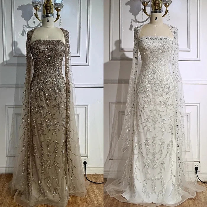 Luxury White Dubai Arabia Beading Evening Dress With Cape LA72870 - SERENE HILL
