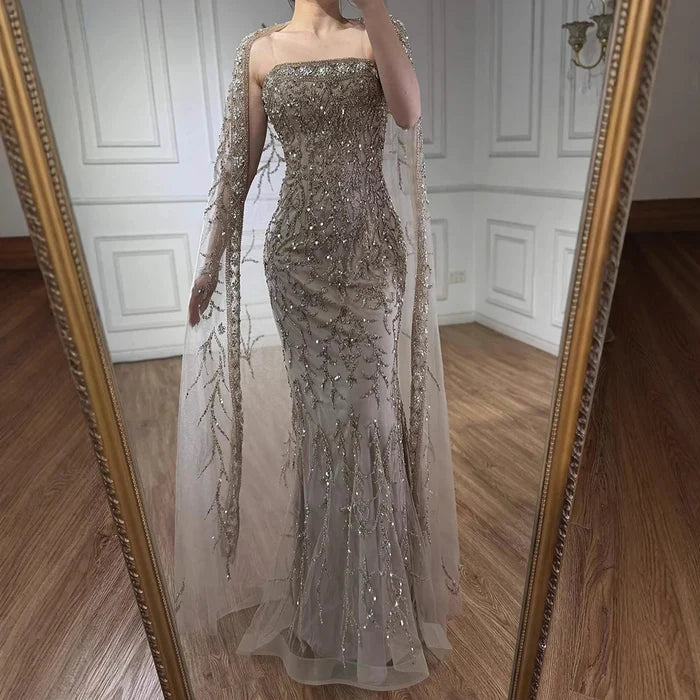 Luxury White Dubai Arabia Beading Evening Dress With Cape LA72870 - SERENE HILL