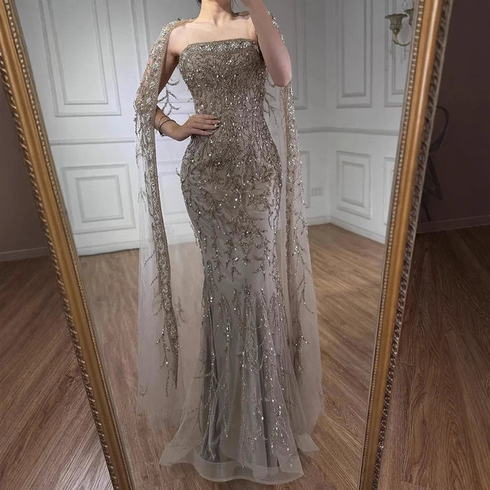 Luxury White Dubai Arabia Beading Evening Dress With Cape LA72870 - SERENE HILL