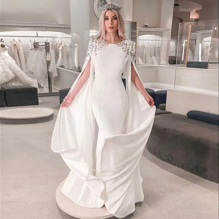 Luxury White Mermaid Evening Dress with Cape LA70934 - SERENE HILL