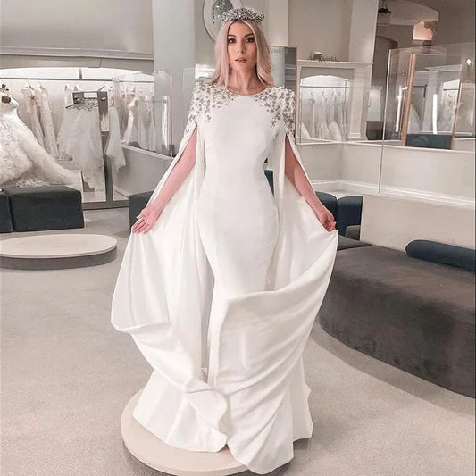 Luxury White Mermaid Evening Dress with Cape LA70934 - SERENE HILL
