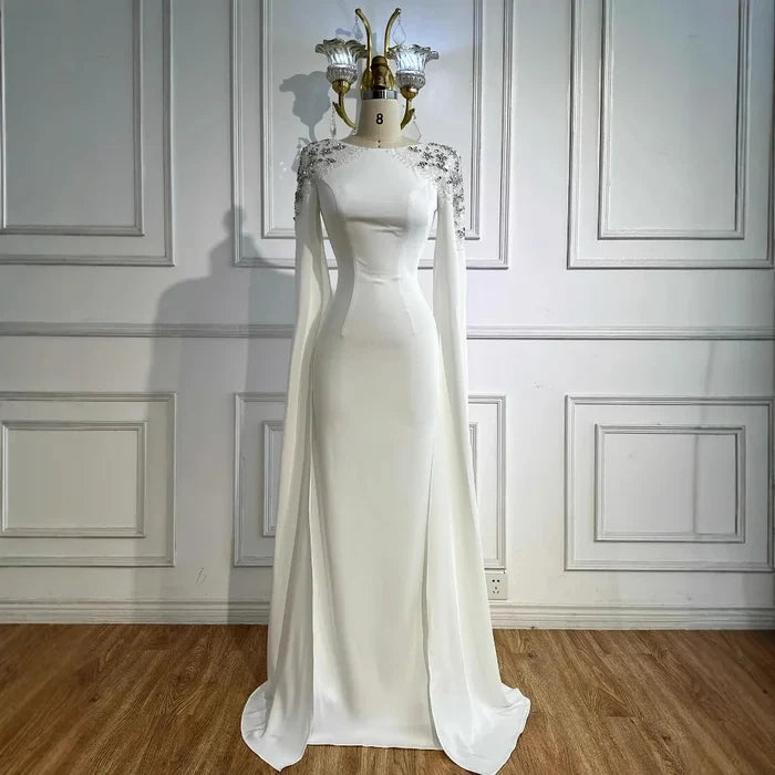 Luxury White Mermaid Evening Dress with Cape LA70934 - SERENE HILL