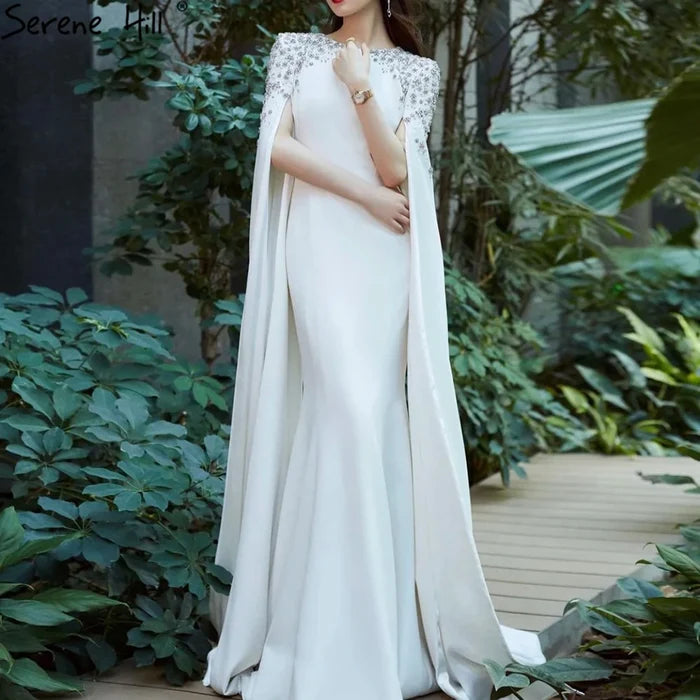 Luxury White Mermaid Evening Dress with Cape LA70934 - SERENE HILL