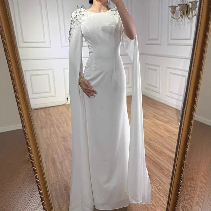 Luxury White Mermaid Evening Dress with Cape LA70934 - SERENE HILL