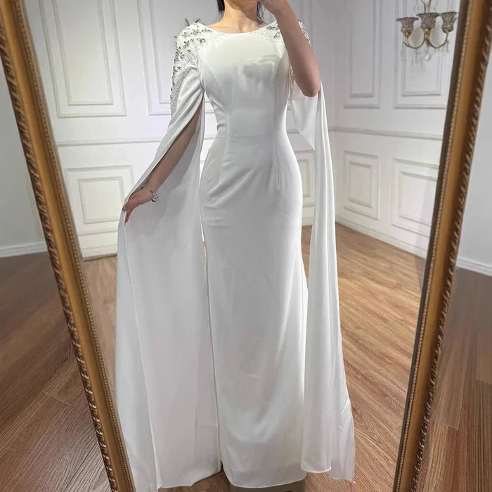 Luxury White Mermaid Evening Dress with Cape LA70934 - SERENE HILL