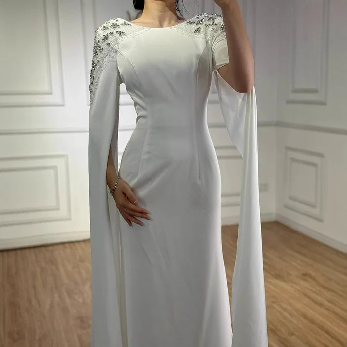 Luxury White Mermaid Evening Dress with Cape LA70934 - SERENE HILL