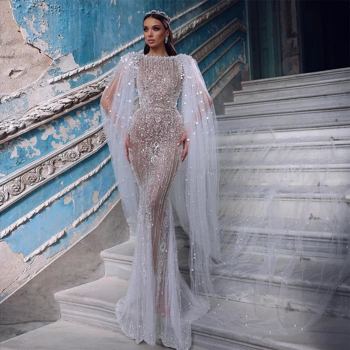 Luxury White Nude Mermaid Pearls Beaded Evening Dress with Cape Sleeves LA72444 - SERENE HILL