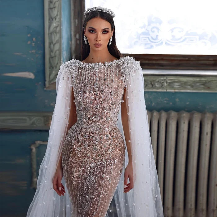 Luxury White Nude Mermaid Pearls Beaded Evening Dress with Cape Sleeves LA72444 - SERENE HILL