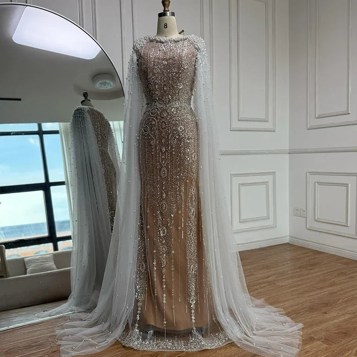 Luxury White Nude Mermaid Pearls Beaded Evening Dress with Cape Sleeves LA72444 - SERENE HILL
