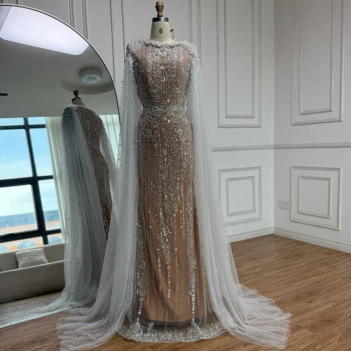 Luxury White Nude Mermaid Pearls Beaded Evening Dress with Cape Sleeves LA72444 - SERENE HILL