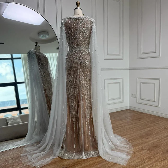 Luxury White Nude Mermaid Pearls Beaded Evening Dress with Cape Sleeves LA72444 - SERENE HILL