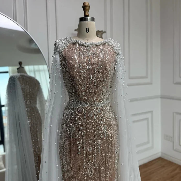 Luxury White Nude Mermaid Pearls Beaded Evening Dress with Cape Sleeves LA72444 - SERENE HILL