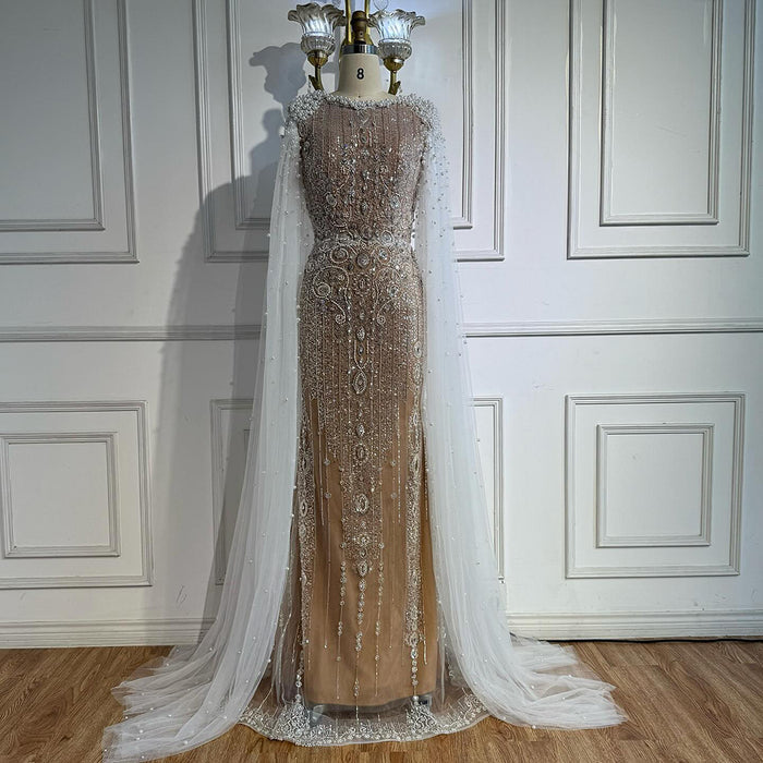 Luxury White Nude Mermaid Pearls Beaded Evening Dress with Cape Sleeves LA72444 - SERENE  HILL