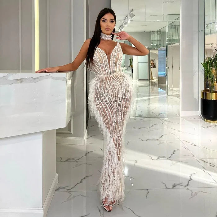 Luxury White Nude Mermaid Spaghetti Strap Beaded Feather Evening Dress LA72047 - SERENE HILL