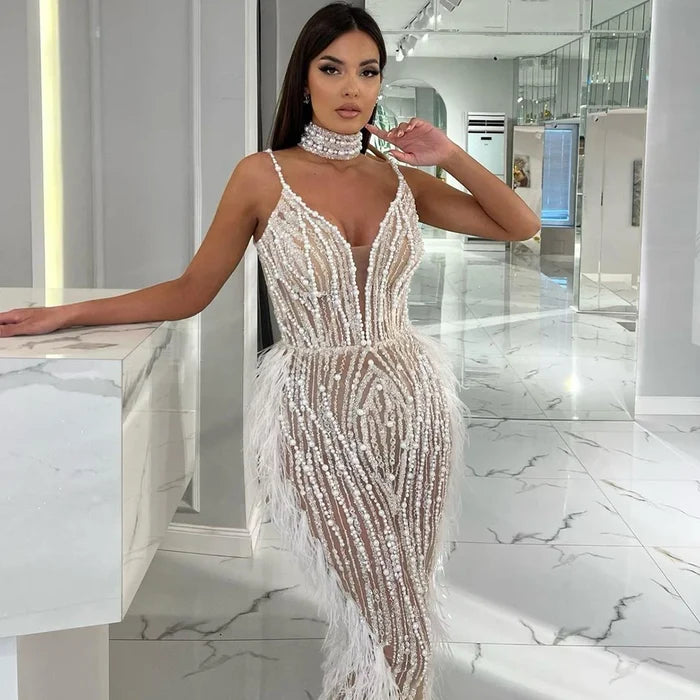 Luxury White Nude Mermaid Spaghetti Strap Beaded Feather Evening Dress LA72047 - SERENE HILL