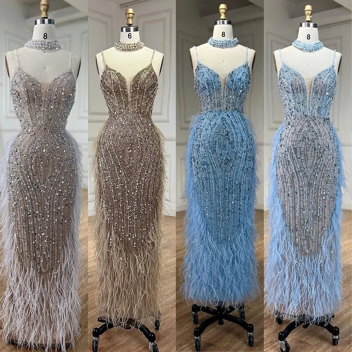 Luxury White Nude Mermaid Spaghetti Strap Beaded Feather Evening Dress LA72047 - SERENE HILL