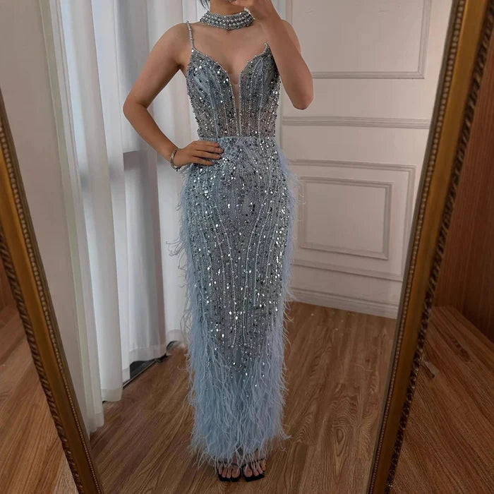Luxury White Nude Mermaid Spaghetti Strap Beaded Feather Evening Dress LA72047 - SERENE HILL