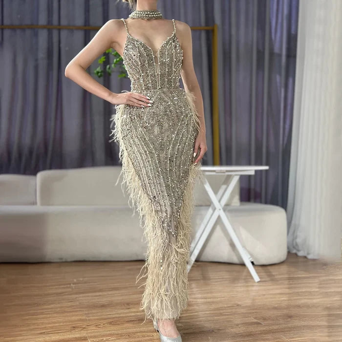 Luxury White Nude Mermaid Spaghetti Strap Beaded Feather Evening Dress LA72047 - SERENE HILL