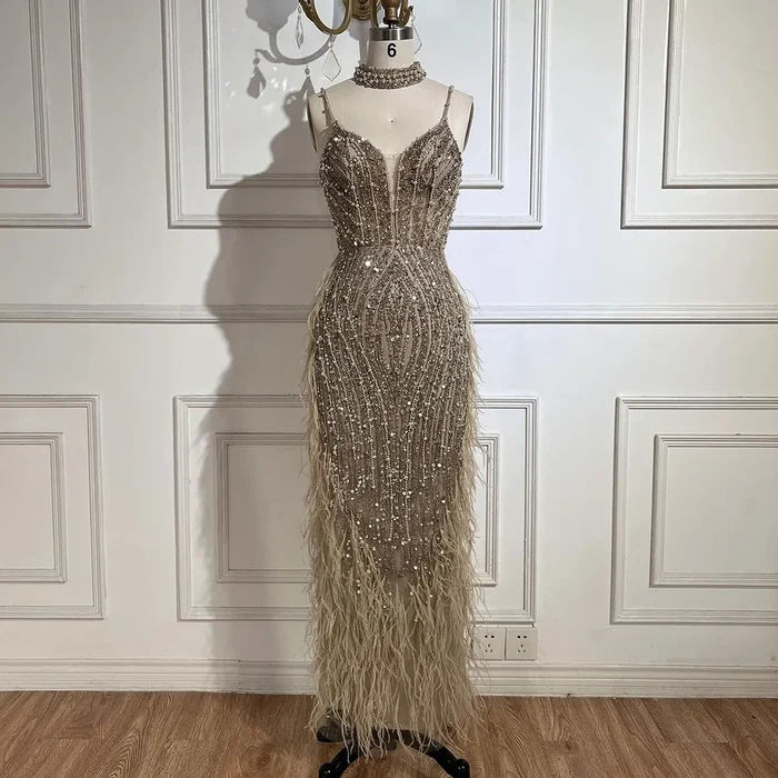 Luxury White Nude Mermaid Spaghetti Strap Beaded Feather Evening Dress LA72047 - SERENE HILL