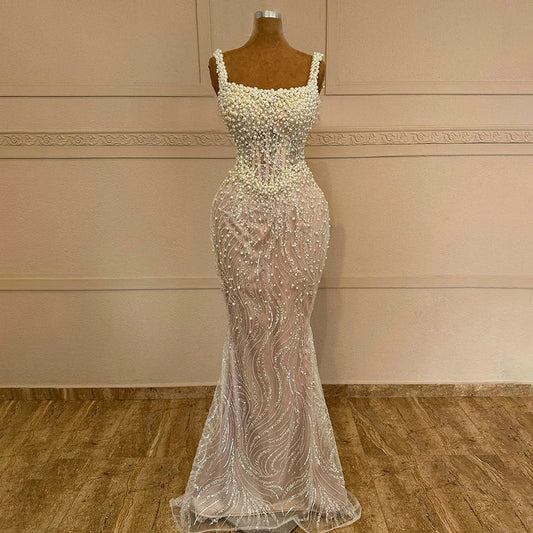 Luxury White Nude Pearl Beaded Mermaid Evening Dress LA72266 - SERENE HILL
