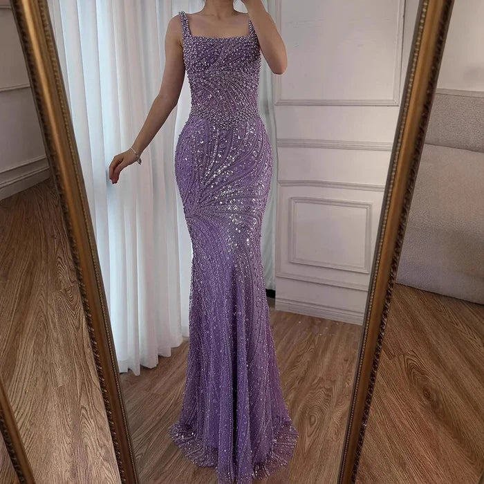 Luxury White Nude Pearl Beaded Mermaid Evening Dress LA72266 - SERENE HILL