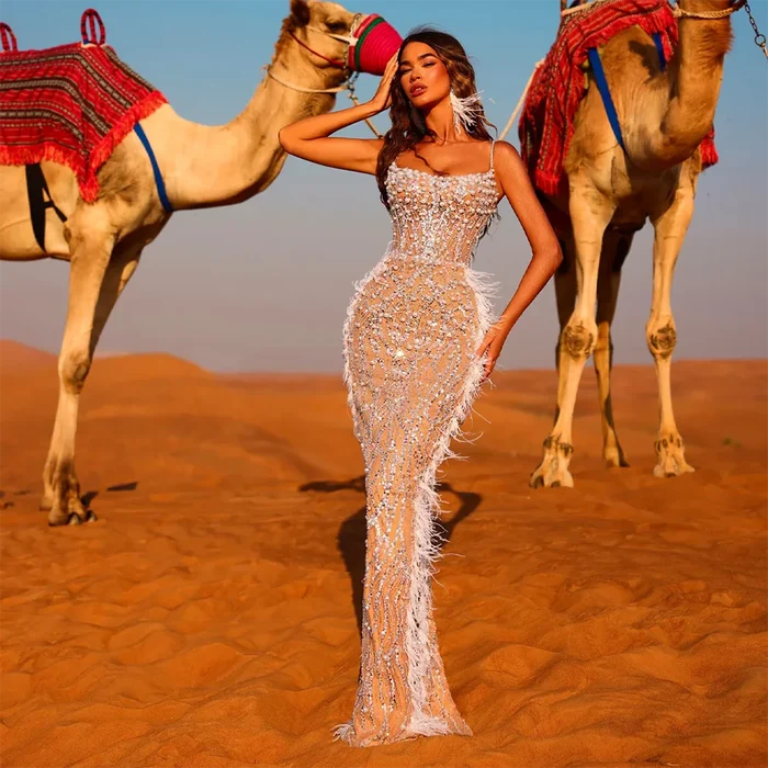 Luxury White Nude Spaghetti Strap Feathers Beaded Mermaid Dress LA72823 - SERENE HILL