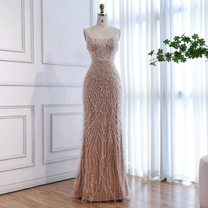Luxury White Nude Spaghetti Strap Feathers Beaded Mermaid Dress LA72823 - SERENE  HILL
